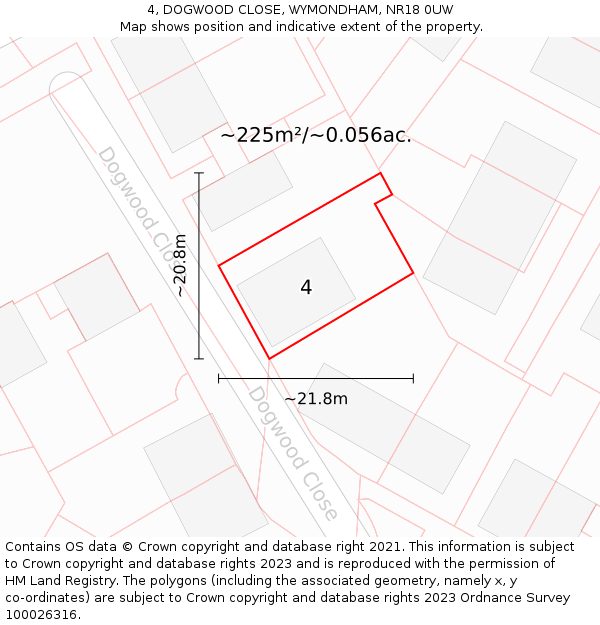 4, DOGWOOD CLOSE, WYMONDHAM, NR18 0UW: Plot and title map