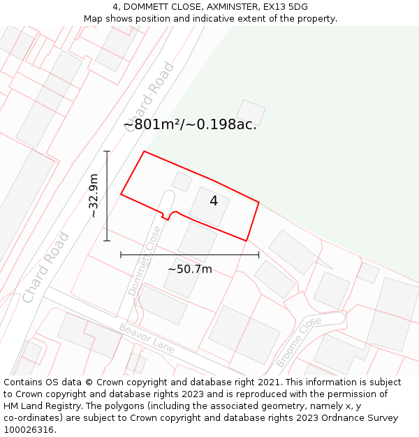 4, DOMMETT CLOSE, AXMINSTER, EX13 5DG: Plot and title map