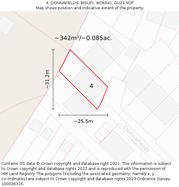 4, DONNAFIELDS, BISLEY, WOKING, GU24 9DP: Plot and title map