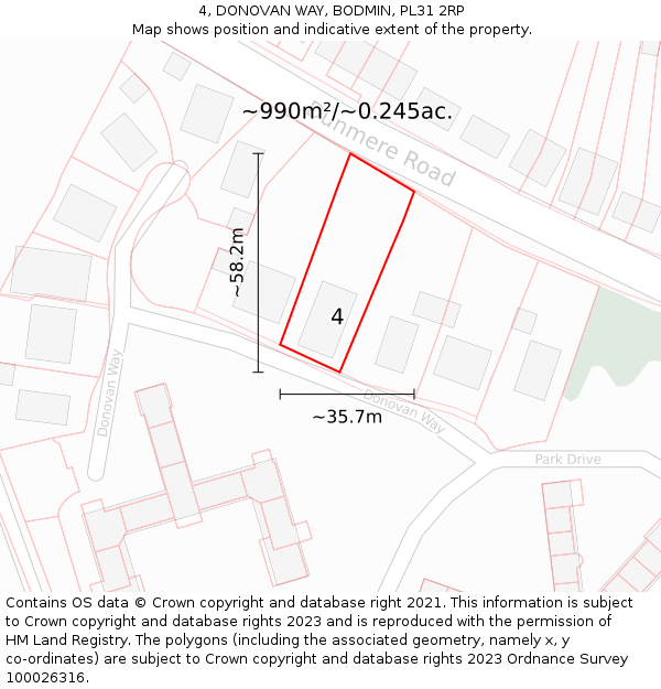 4, DONOVAN WAY, BODMIN, PL31 2RP: Plot and title map