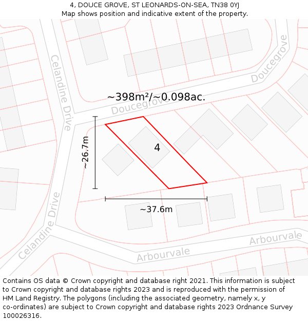 4, DOUCE GROVE, ST LEONARDS-ON-SEA, TN38 0YJ: Plot and title map