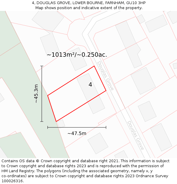 4, DOUGLAS GROVE, LOWER BOURNE, FARNHAM, GU10 3HP: Plot and title map