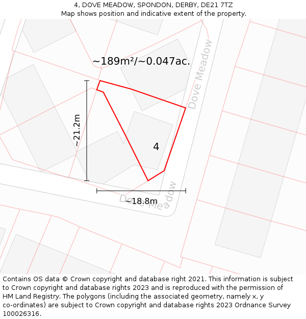4, DOVE MEADOW, SPONDON, DERBY, DE21 7TZ: Plot and title map