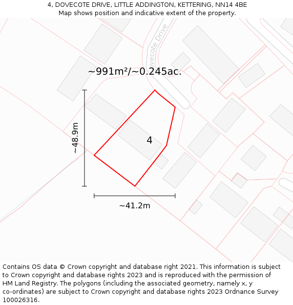 4, DOVECOTE DRIVE, LITTLE ADDINGTON, KETTERING, NN14 4BE: Plot and title map