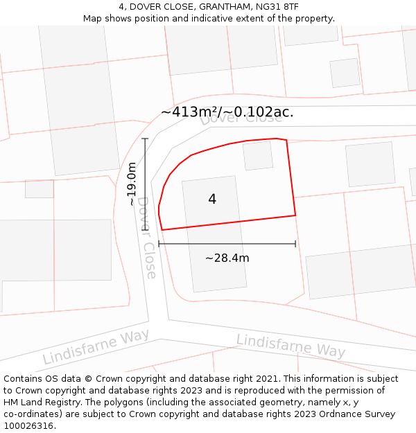 4, DOVER CLOSE, GRANTHAM, NG31 8TF: Plot and title map