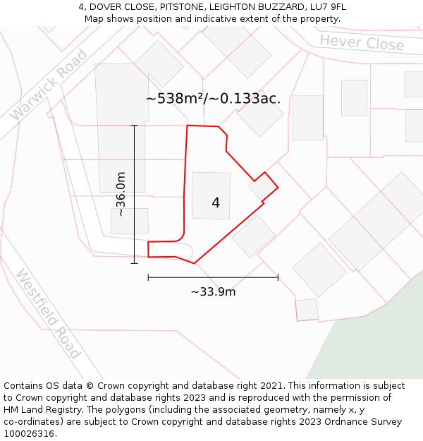 4, DOVER CLOSE, PITSTONE, LEIGHTON BUZZARD, LU7 9FL: Plot and title map