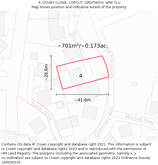4, DOVEY CLOSE, COPCUT, DROITWICH, WR9 7LU: Plot and title map