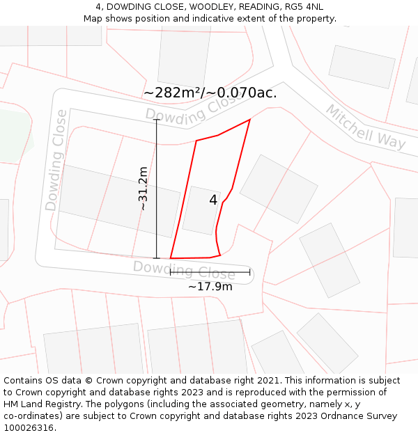 4, DOWDING CLOSE, WOODLEY, READING, RG5 4NL: Plot and title map