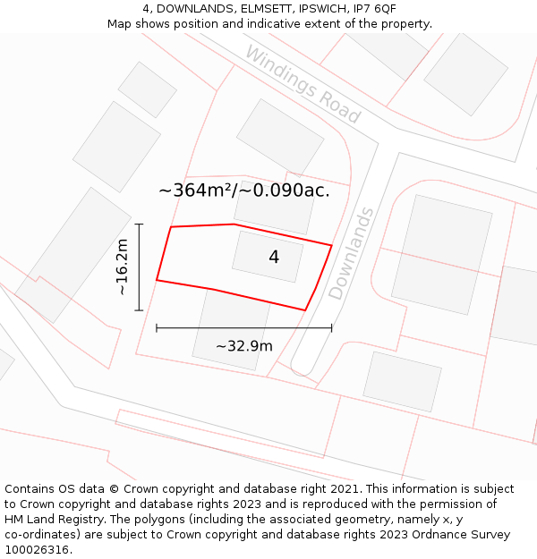 4, DOWNLANDS, ELMSETT, IPSWICH, IP7 6QF: Plot and title map