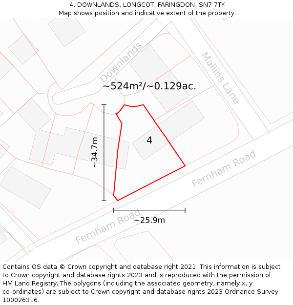 4, DOWNLANDS, LONGCOT, FARINGDON, SN7 7TY: Plot and title map