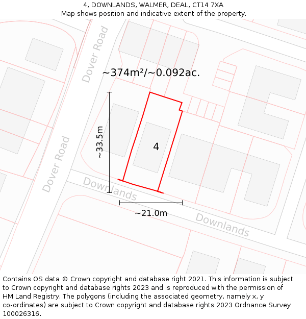 4, DOWNLANDS, WALMER, DEAL, CT14 7XA: Plot and title map