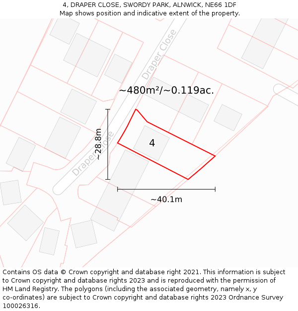 4, DRAPER CLOSE, SWORDY PARK, ALNWICK, NE66 1DF: Plot and title map