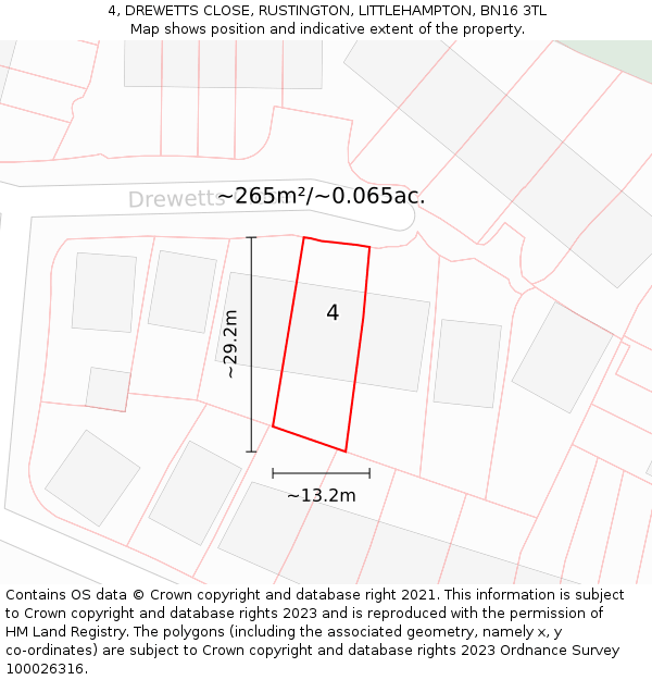 4, DREWETTS CLOSE, RUSTINGTON, LITTLEHAMPTON, BN16 3TL: Plot and title map
