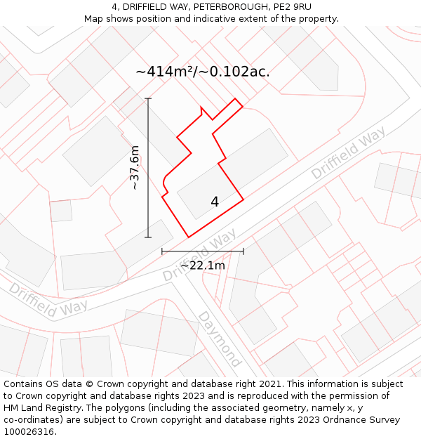 4, DRIFFIELD WAY, PETERBOROUGH, PE2 9RU: Plot and title map