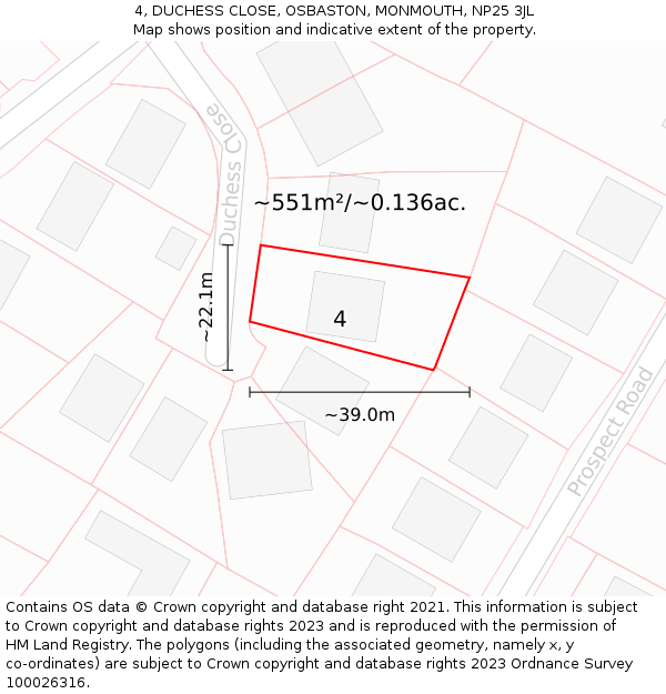 4, DUCHESS CLOSE, OSBASTON, MONMOUTH, NP25 3JL: Plot and title map