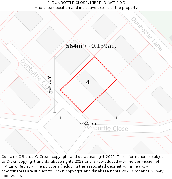 4, DUNBOTTLE CLOSE, MIRFIELD, WF14 9JD: Plot and title map