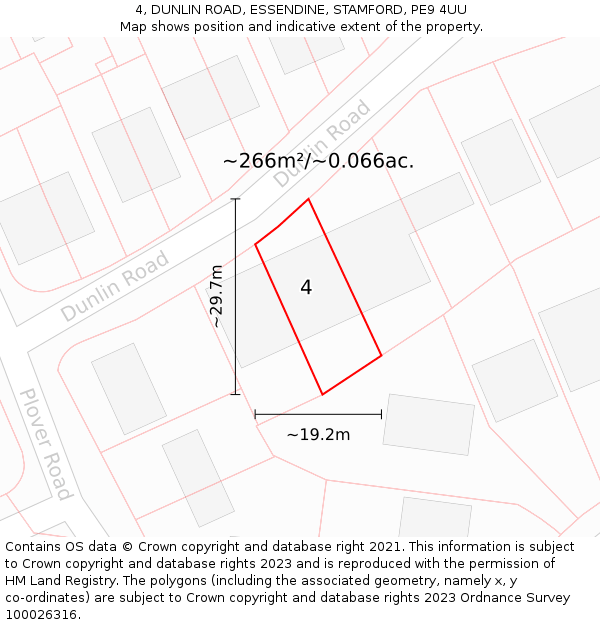 4, DUNLIN ROAD, ESSENDINE, STAMFORD, PE9 4UU: Plot and title map