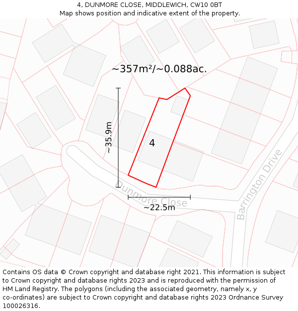 4, DUNMORE CLOSE, MIDDLEWICH, CW10 0BT: Plot and title map