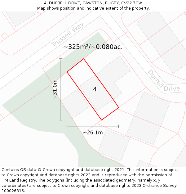 4, DURRELL DRIVE, CAWSTON, RUGBY, CV22 7GW: Plot and title map