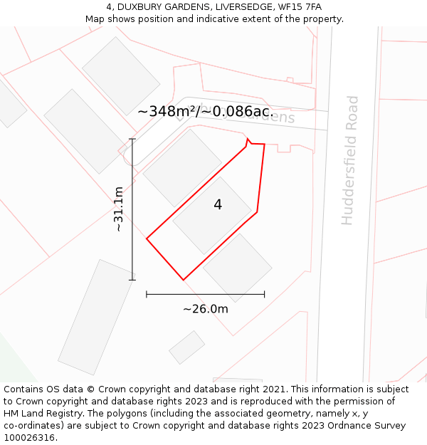 4, DUXBURY GARDENS, LIVERSEDGE, WF15 7FA: Plot and title map