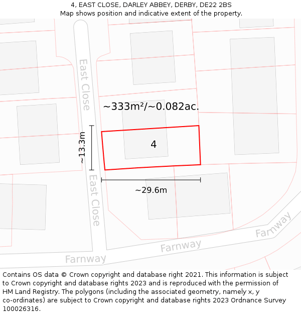 4, EAST CLOSE, DARLEY ABBEY, DERBY, DE22 2BS: Plot and title map