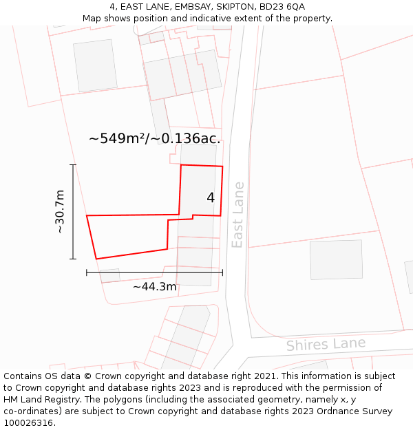 4, EAST LANE, EMBSAY, SKIPTON, BD23 6QA: Plot and title map