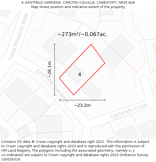 4, EASTFIELD GARDENS, CARLTON COLVILLE, LOWESTOFT, NR33 8LW: Plot and title map