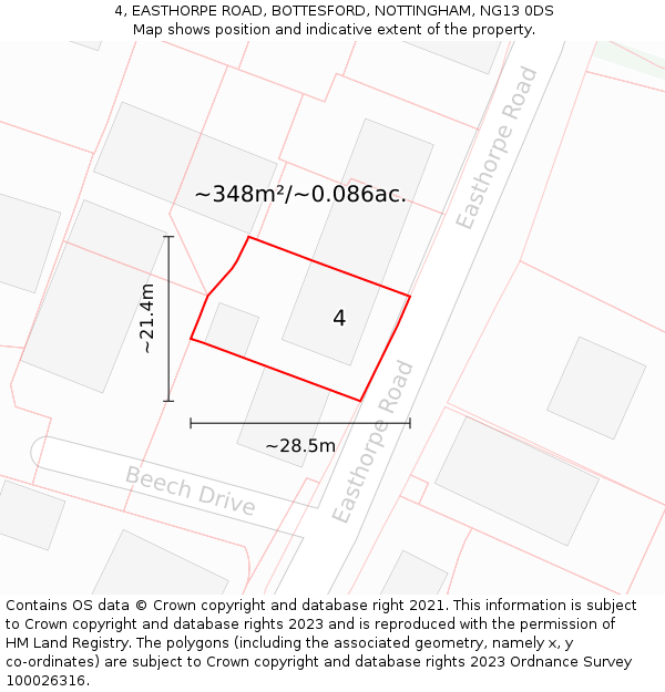 4, EASTHORPE ROAD, BOTTESFORD, NOTTINGHAM, NG13 0DS: Plot and title map