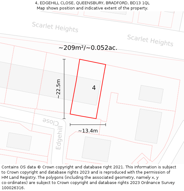 4, EDGEHILL CLOSE, QUEENSBURY, BRADFORD, BD13 1QL: Plot and title map
