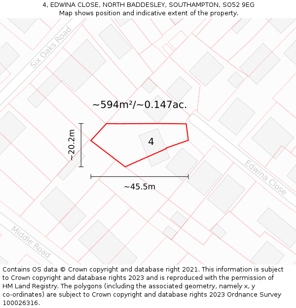 4, EDWINA CLOSE, NORTH BADDESLEY, SOUTHAMPTON, SO52 9EG: Plot and title map