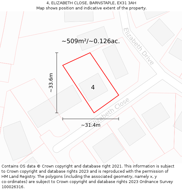 4, ELIZABETH CLOSE, BARNSTAPLE, EX31 3AH: Plot and title map