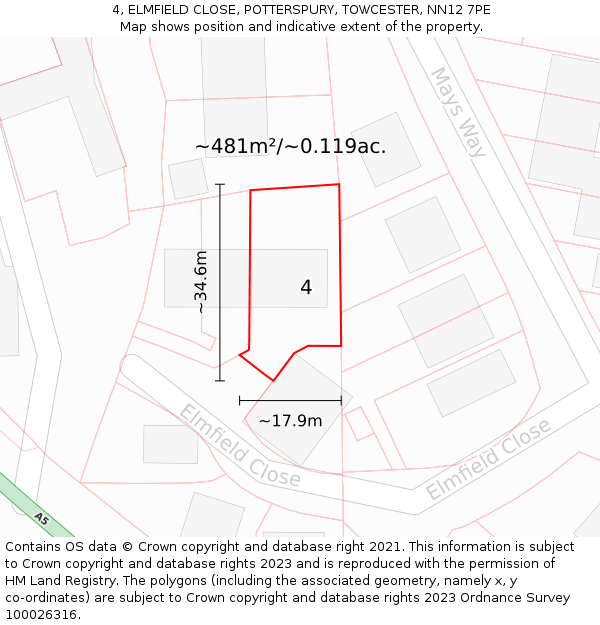 4, ELMFIELD CLOSE, POTTERSPURY, TOWCESTER, NN12 7PE: Plot and title map