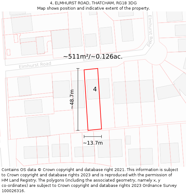 4, ELMHURST ROAD, THATCHAM, RG18 3DG: Plot and title map