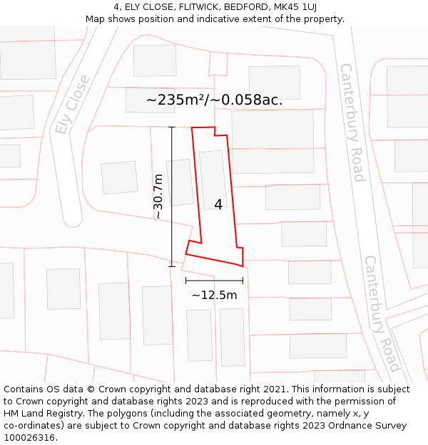 4, ELY CLOSE, FLITWICK, BEDFORD, MK45 1UJ: Plot and title map