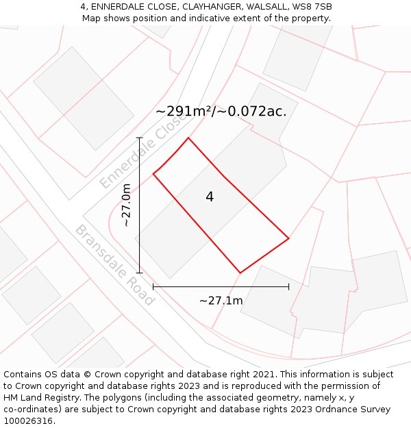 4, ENNERDALE CLOSE, CLAYHANGER, WALSALL, WS8 7SB: Plot and title map