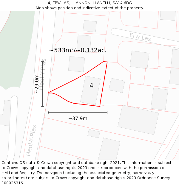 4, ERW LAS, LLANNON, LLANELLI, SA14 6BG: Plot and title map