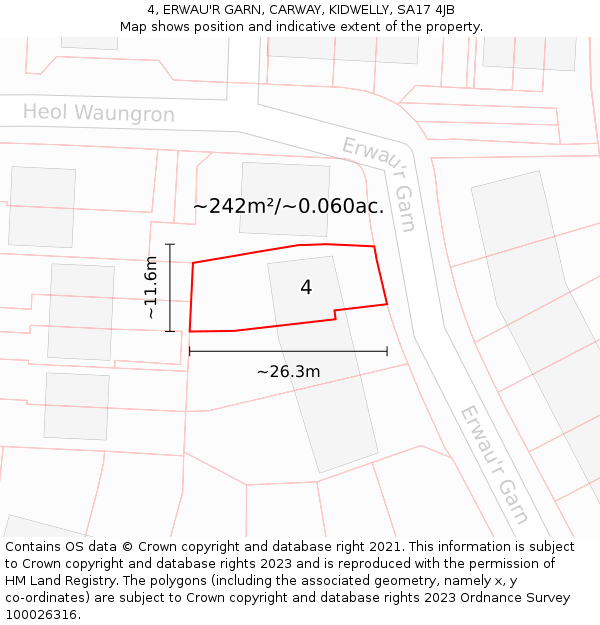 4, ERWAU'R GARN, CARWAY, KIDWELLY, SA17 4JB: Plot and title map
