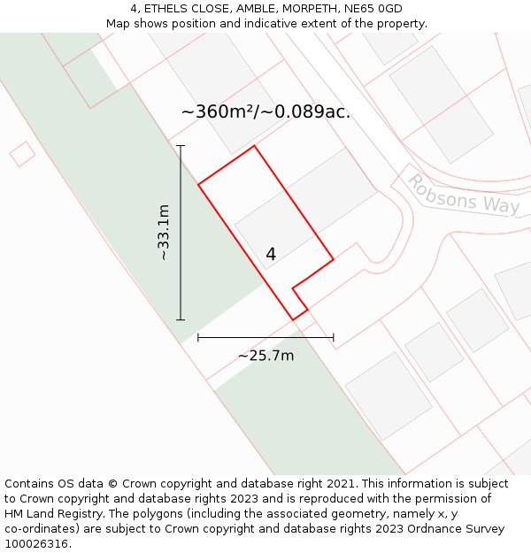 4, ETHELS CLOSE, AMBLE, MORPETH, NE65 0GD: Plot and title map
