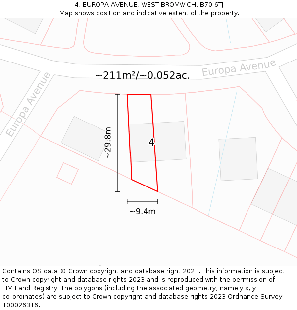 4, EUROPA AVENUE, WEST BROMWICH, B70 6TJ: Plot and title map