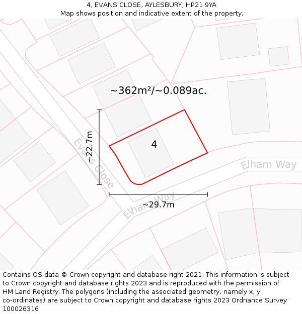4, EVANS CLOSE, AYLESBURY, HP21 9YA: Plot and title map