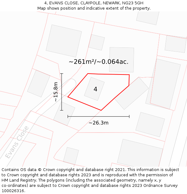 4, EVANS CLOSE, CLAYPOLE, NEWARK, NG23 5GH: Plot and title map
