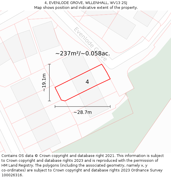 4, EVENLODE GROVE, WILLENHALL, WV13 2SJ: Plot and title map