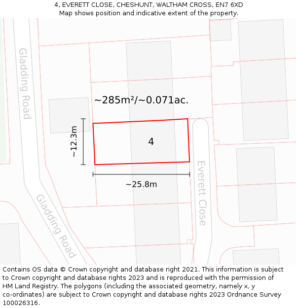 4, EVERETT CLOSE, CHESHUNT, WALTHAM CROSS, EN7 6XD: Plot and title map