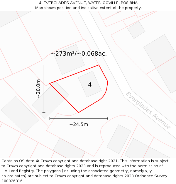 4, EVERGLADES AVENUE, WATERLOOVILLE, PO8 8NA: Plot and title map