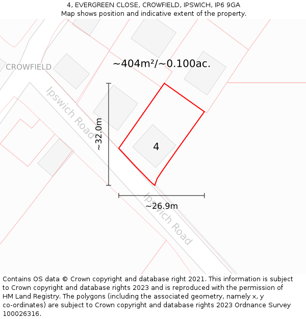 4, EVERGREEN CLOSE, CROWFIELD, IPSWICH, IP6 9GA: Plot and title map