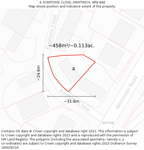 4, EVERTONS CLOSE, DROITWICH, WR9 8AE: Plot and title map