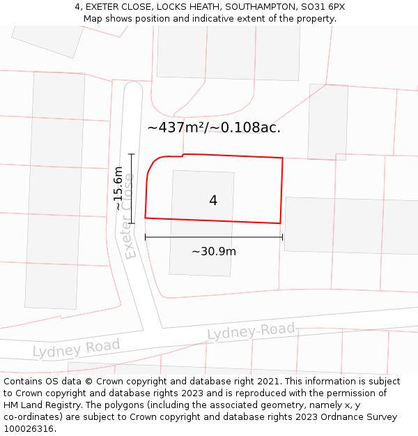 4, EXETER CLOSE, LOCKS HEATH, SOUTHAMPTON, SO31 6PX: Plot and title map