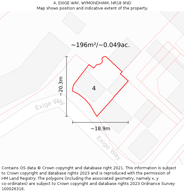 4, EXIGE WAY, WYMONDHAM, NR18 9ND: Plot and title map