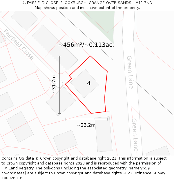 4, FAIRFIELD CLOSE, FLOOKBURGH, GRANGE-OVER-SANDS, LA11 7ND: Plot and title map