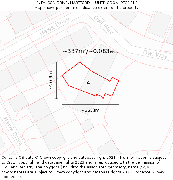 4, FALCON DRIVE, HARTFORD, HUNTINGDON, PE29 1LP: Plot and title map